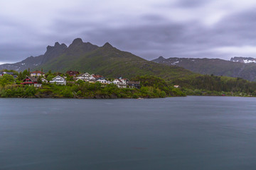 Henningsvaer- June 15, 2018: Colorful houses of a small village in the Lofoten Islands, Norway