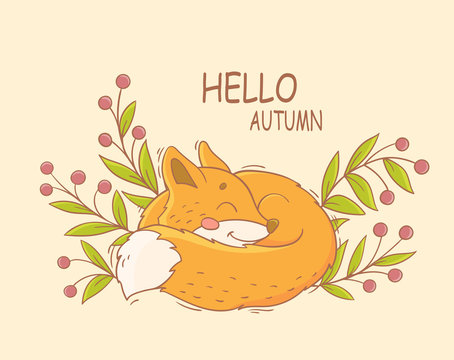 Cute cartoon forest animal. Hand drawing  sleeping fox. Hello autumn card.
