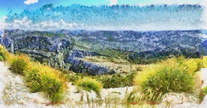 Hand drawing watercolor art on canvas. Artistic big print. Original modern painting. Acrylic dry brush background.  Charming view of the riddles of nature. Beautiful mountain landscape.