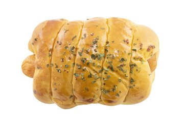 top view of sausage bread isolated on white background