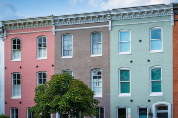 Colorful row houses in Federal Hill, Baltimore, Maryland.