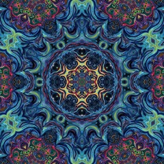 Creative bright mandala. Kaleidoscope abstract wallpaper. Sacred geometry digital painting art. Ethnic fractal artwork. Symmetric stylish graphic design pattern. Print for fabric, textile or paper.