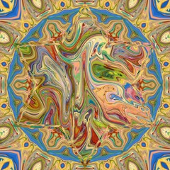 Creative bright mandala. Kaleidoscope abstract wallpaper. Sacred geometry digital painting art. Ethnic fractal artwork. Symmetric stylish graphic design pattern. Print for fabric, textile or paper.