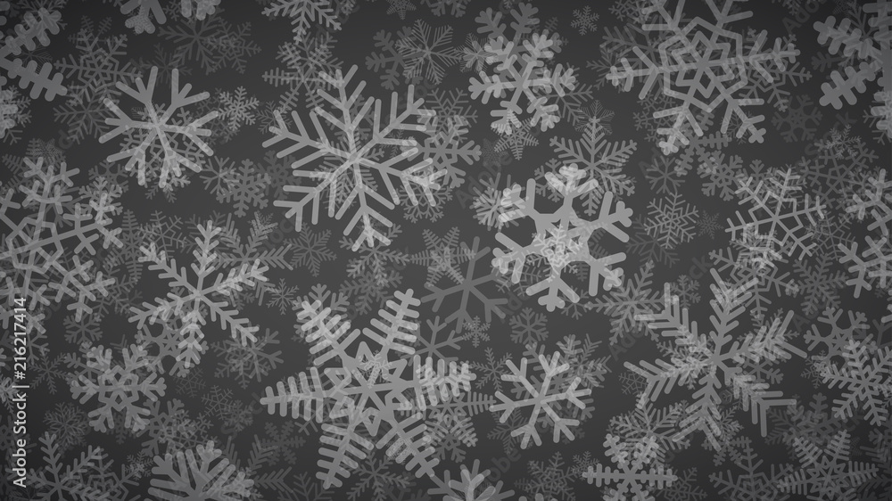 Wall mural christmas background of many layers of snowflakes of different shapes, sizes and transparency. white