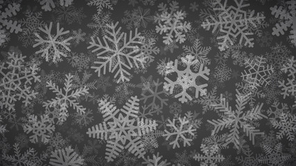 Naklejka na ściany i meble Christmas background of many layers of snowflakes of different shapes, sizes and transparency. White on dark gray.