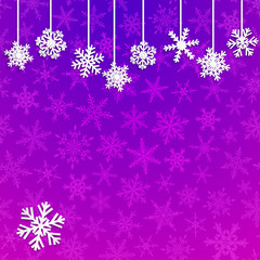 Fototapeta na wymiar Christmas illustration with white hanging snowflakes on purple background