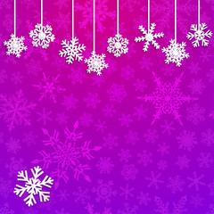 Christmas illustration with white hanging snowflakes on purple background