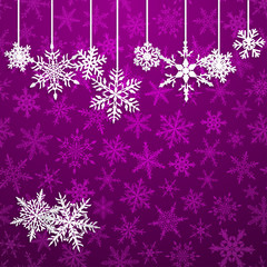 Christmas illustration with white hanging snowflakes on purple background