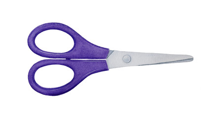 Pair of scissors with colorful handles. Top view, modern ergonomic design, metal blades. Hand drawn water colour painting on white, isolated clip art element. Symbol of handicrafts, creativity, work.