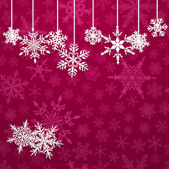 Christmas illustration with white hanging snowflakes on red background