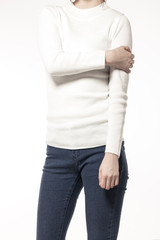 woman wearing a denim and white shirts isolated white.