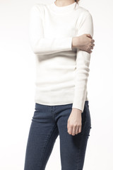 woman wearing a denim and white shirts isolated white.