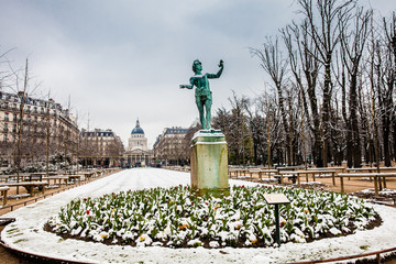 The Greek Actor sculpture at the Luxembourg Palace garden in a freezing winter day day just before...