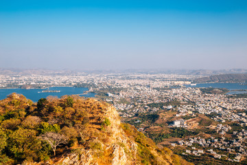 Fateh Sagar Lake and Pichola Lake and old town from Monsoon Palace in Udaipur, India