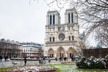 Cathedral of Our Lady of Paris in a freezing winter day just before spring