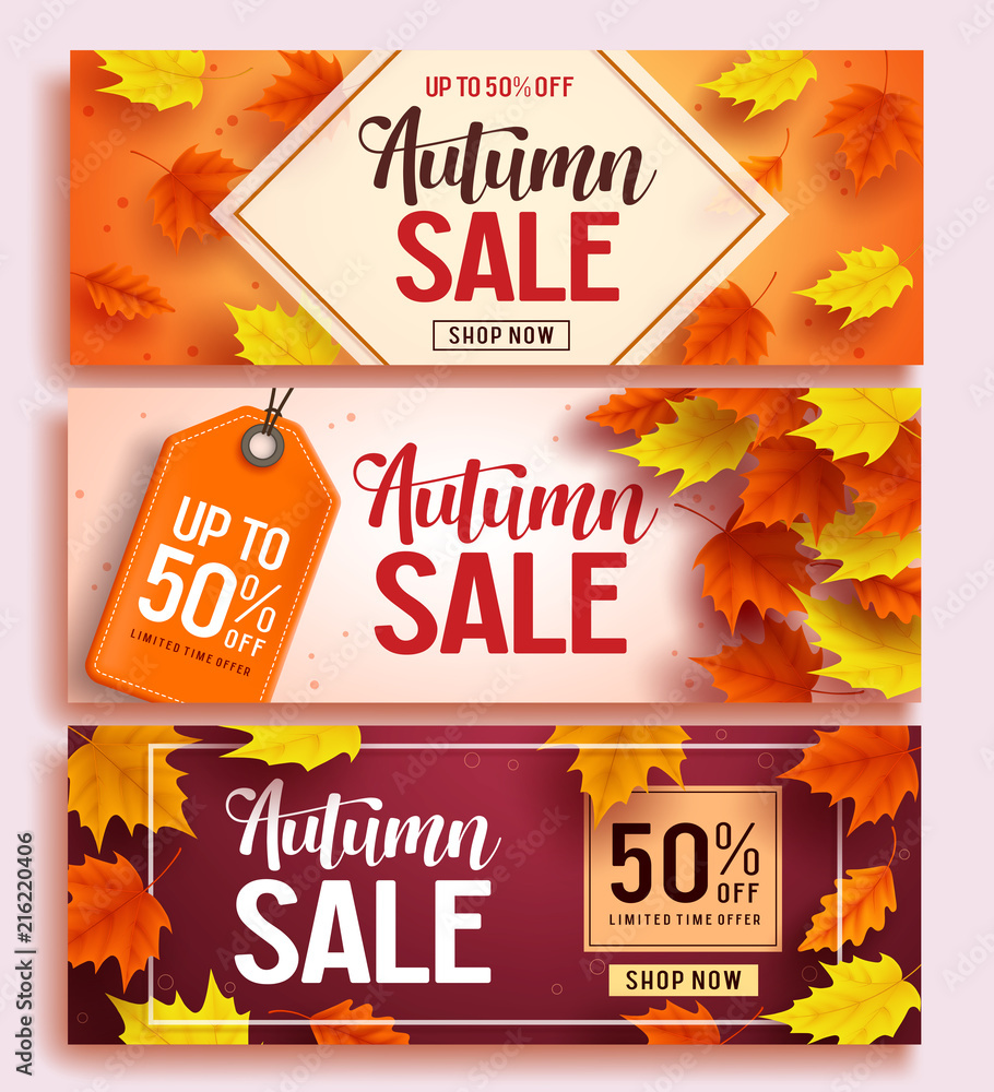 Poster autumn sale vector banner design set with colorful maple leaves elements in background and discount 