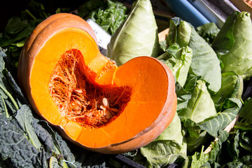 Cut open pumpkin presentation, beautiful organic food with health benefits and nutritional value
