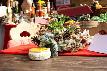 Dutch or German looking table at outside restaurant with nice table decortation and menu card in europe