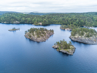 aerial view on small islands in the Ladoga lake. Karelia.