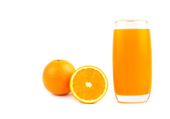 Slices of Orange and glass of orange juice on White Background