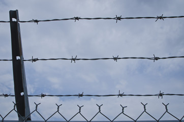 The pattern and texture of the barb wire fence in the blue cloudy sky. 