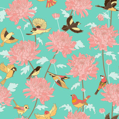Floral background with birds and chrysanthemums vintage pattern. Japanese national flower chrysanthemum. Illustration luxury design, textiles, paper, wallpaper, curtains, blinds.