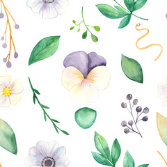 Watercolor seamless pattern with leaves, flowers, berries. Texture with leaves, branches, pansies, anemones on a white background. Perfect for a wedding, wallpaper, fabric, wrapping paper.