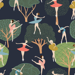 Seamless pattern of ballet dancers in different poses. on the background of trees © taisiyakozorez
