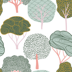 Seamless background with stylized trees. Forest bright pattern