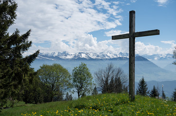 Crucifix atop mount rigi over looking the swiss alps with some yellow flowers in the foreground.