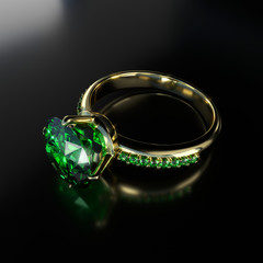 Emerald Gem Diamond Ring Placed On Dark Background, 3D Rendering.
