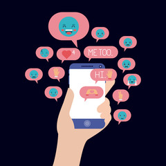 hand with smartphone and set speech bubbles and emoticons