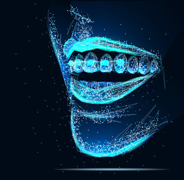Teeth in braces. Dental concept. Abstract image of a starry sky or space, consisting of points, lines, and shapes in the form of planets, stars and the universe. Low poly vector