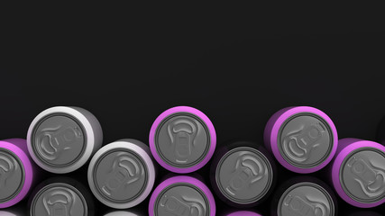 Big black, white and purple soda cans on black background
