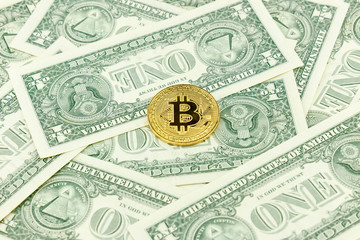 Business concept.Golden Bitcoin Coin digital currency use instead of trading / exchanging. Money in...