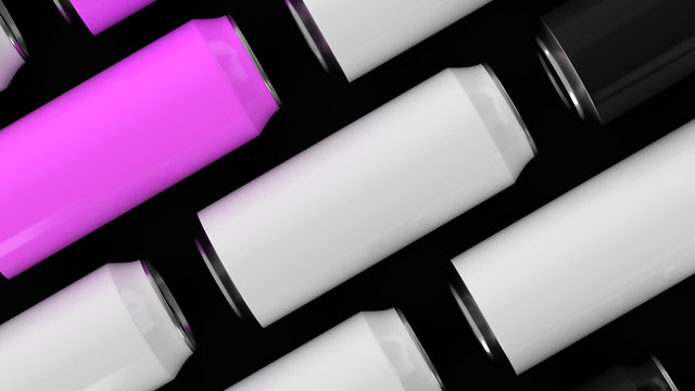 Raws of black, white and purple soda cans