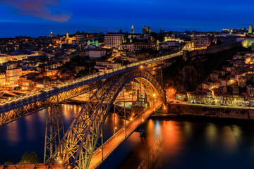 Cityscape of Porto, Portugal over Dom Luis I Bridge and Douro River at sunset