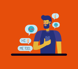 man chating with smartphone and set speech bubbles and emoticons