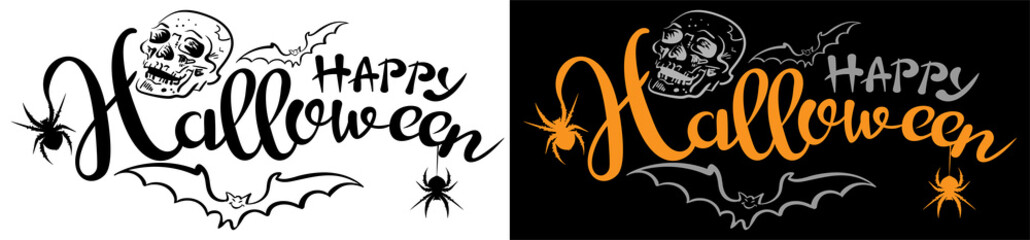 Halloween background with skull, bats, spiders and inscription Happy Halloween. Vector illustration