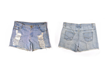 Blue denim shorts on white background.