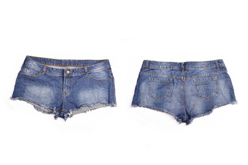 Blue denim shorts on white background.