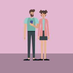 couple using smartphone characters in the field