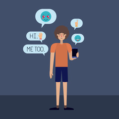 man chating with smartphone and set speech bubbles and emoticons