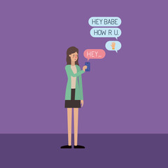woman chating with smartphone and set speech bubbles and emoticons