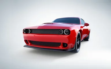 Deurstickers Side angle view of a generic red brandless American muscle car on a grey background . Transportation concept . 3d illustration and 3d render. © jamesteohart
