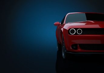 Side angle view of a generic red brandless American muscle car on a grey background ....