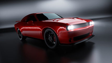 Zijaanzicht van een generieke rode merkloze Amerikaanse muscle car op een grijze achtergrond. Vervoersconcept. 3D illustratie en 3D render.