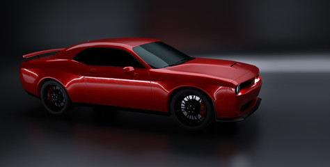 Fototapeta na wymiar Side angle view of a generic red brandless American muscle car on a grey background . Transportation concept . 3d illustration and 3d render.