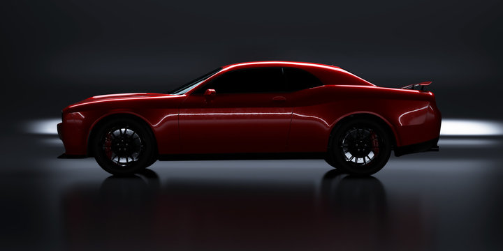 Side Angle View Of A Generic Red Brandless American Muscle Car On A Grey Background . Transportation Concept . 3d Illustration And 3d Render.