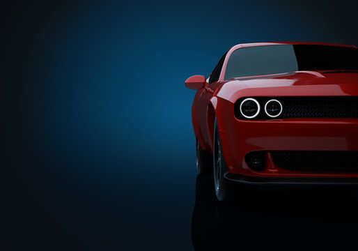 Fototapeta Side angle view of a generic red brandless American muscle car on a grey background . Transportation concept . 3d illustration and 3d render.